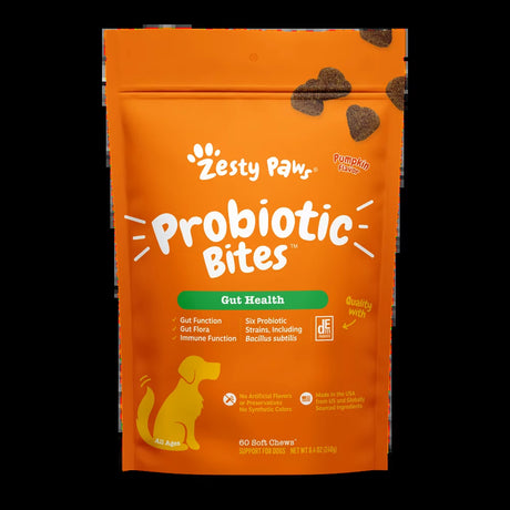 Zesty Paws Probiotic Bites Soft Chews, Digestive Probiotics for Gut Flora & Immune Support, Functional Digestive Health Dog Supplement, Pumpkin Flavor, 60 Count