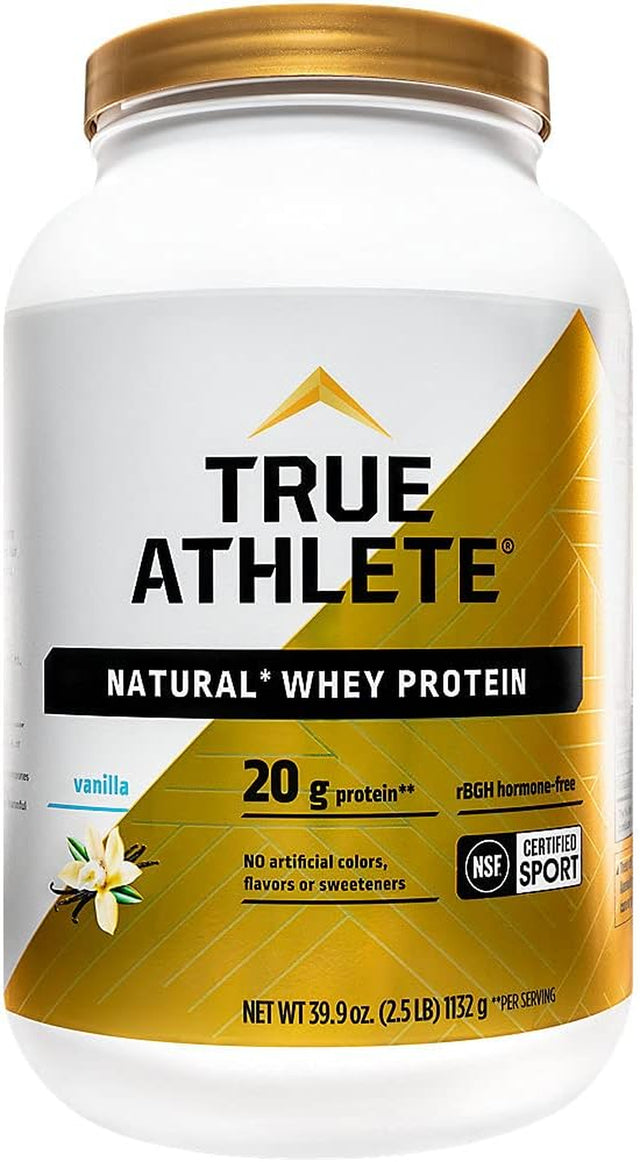 True Athlete Natural Whey Protein - Vanilla, 20G of Protein per Serving - Probiotics for Digestive Health, Hormone Free 2.5 Pound Powder