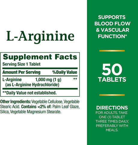 Nature'S Bounty L-Arginine, Supports Blood Flow and Vascular Function, 1000 Mg, Tablets, 50 Ct