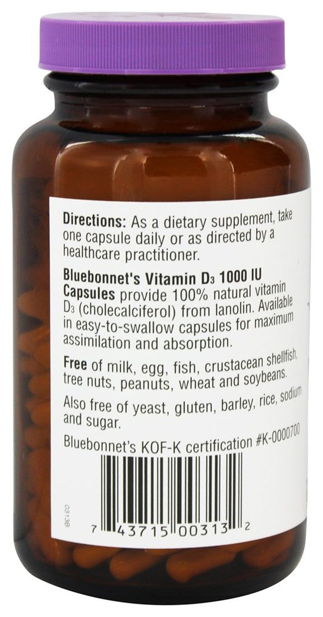 Bluebonnet Nutrition - Vitamin D3 1000 IU - 180 Vegetarian Capsules