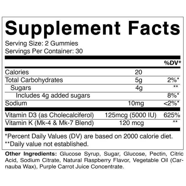 Vitamatic Vitamin D3 K2 Gummies - 60 Count - Supports Healthy Bone, Heart & Calcium Absorption, & Immune Health - Plant Based, Non-Gmo, Gluten Free