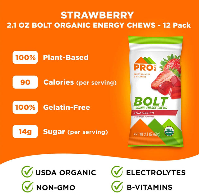 PROBAR - Bolt Organic Energy Chews, Strawberry, Non-Gmo, Gluten-Free, USDA Certified Organic, Healthy, Natural Energy, Fast Fuel with Vitamins B & C, 2.1 Ounce (Pack of 12)