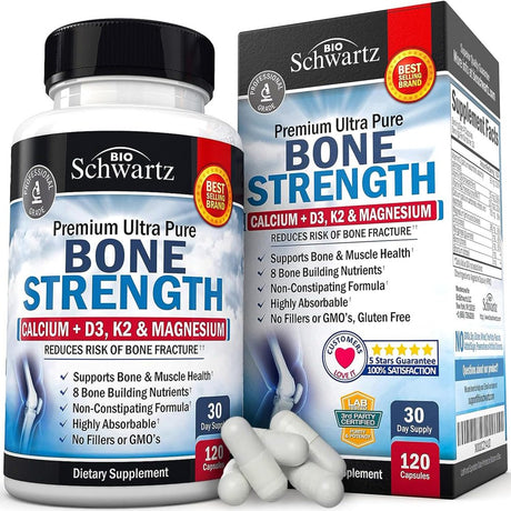 Bioschwartz Bone Strength Supplement with Calcium + D3, K2 & Magnesium for Women and Men - 120Ct