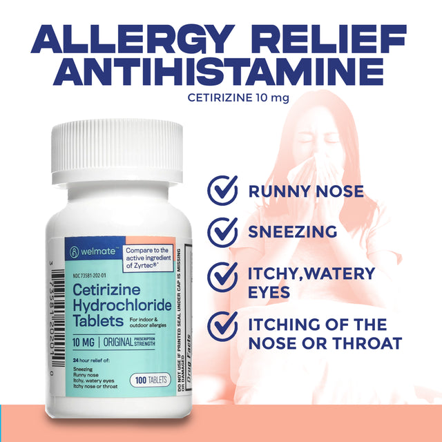 Welmate Allergy Relief | Cetirizine HCL 10 Mg | 100 Count Tablets | 24 Hour