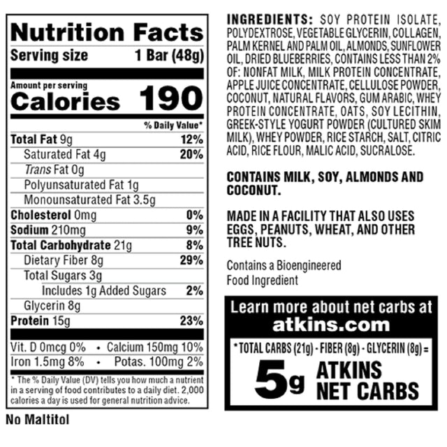 Atkins Blueberry Greek Yogurt Protein Meal Bar, High Fiber, 15G Protein, 3G Sugar, 5G Net Carbs, Meal Replacement, Keto Friendly, 5 Count