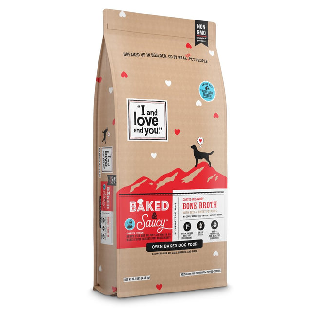 "I and Love and You" Baked and Saucy Dry Dog Food with Gravy Coating, Beef and Sweet Potato Recipe, Grain Free, Coated in Bone Broth, Prebiotics and Probiotics, Real Meat, No Fillers, 10.5 Lb Bag