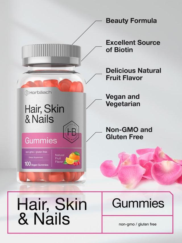 Hair Skin & Nails Vitamins | 100 Gummies | Natural Fruit Flavor | by Horbaach