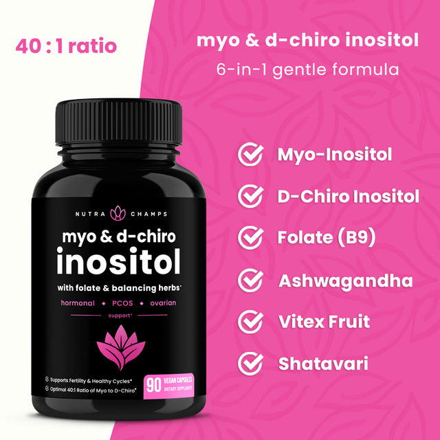 Nutrachamps Myo-Inositol & D-Chiro Inositol Supplement [40:1 Ratio] B8 Powder Enhanced with Vitex & Folic Acid | 90 Vegan Capsule