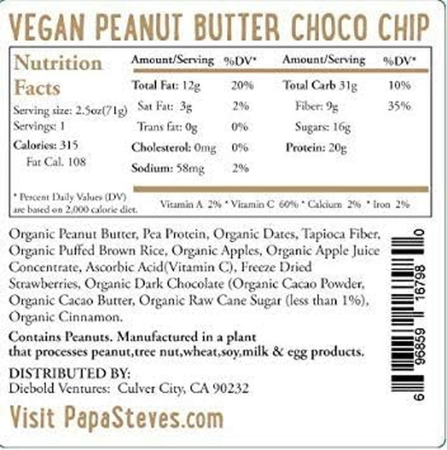 Papa Steve'S No Junk Raw Protein Bars, Dairy Free Peanut Butter Choco Chip, 2.5 Oz, 10 Count