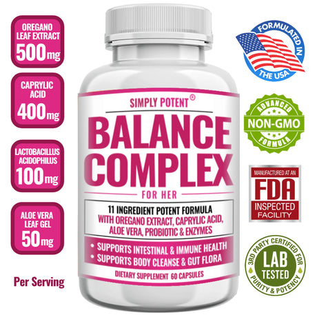 Balance Complex for Women, Candida Cleanse & Vaginal Health Dietary Supplement, Natural Formula with Oregano, Caprylic Acid, Aloe, Probiotics & Enzymes for Gut & Immune Health Support, 60 Capsules