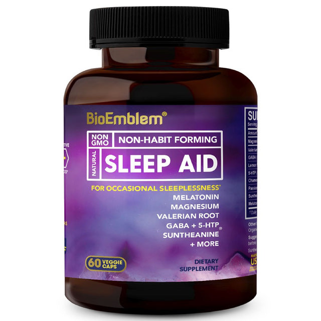 Bioemblem' Natural Sleep Aid for Adults with Melatonin, Valerian Root, Suntheanine & More | Fast, Deep Sleep Supplement | Herbal Sleeping Pills | 60 Capsules