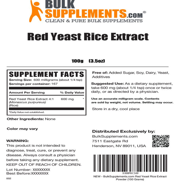 Bulksupplements.Com Red Yeast Rice Extract Powder - Yeast Nutrient - Cardiovascular Supplement - Red Rice Yeast (100 Grams)