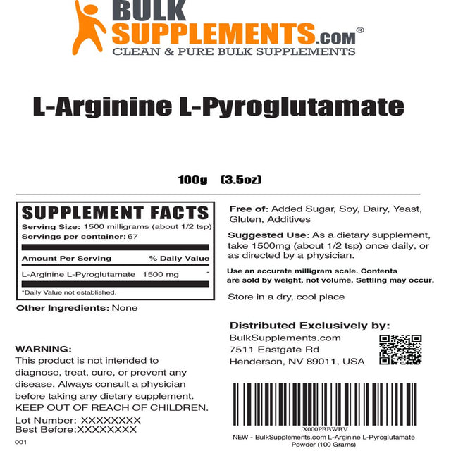 Bulksupplements.Com L-Arginine L-Pyroglutamate Powder, 1500Mg - Nitric Oxide (100 Grams)