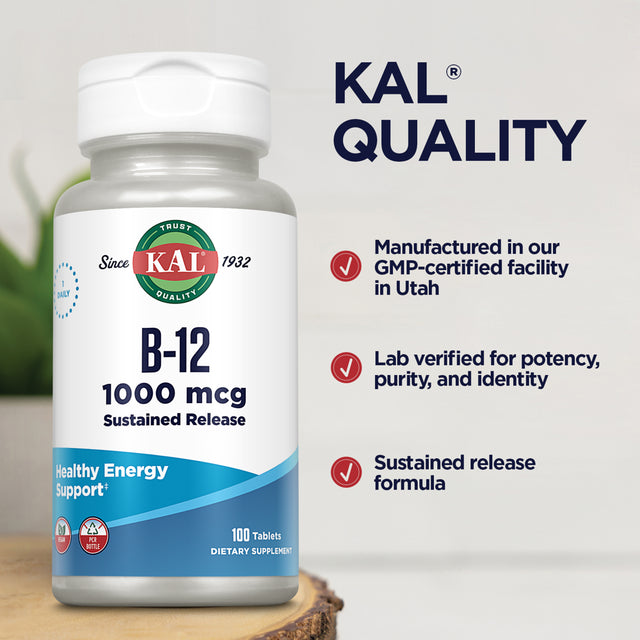 KAL B-12 1000 Mcg Sustained Release | Healthy Metabolism, Energy, Nerve & Red Blood Cell Support | Vegetarian | Lab Verified | 100 Tablets