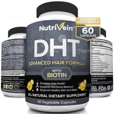 Nutrivein DHT Blocker with Biotin - 60 Capsules - Boosts Hair Growth for Men and Women