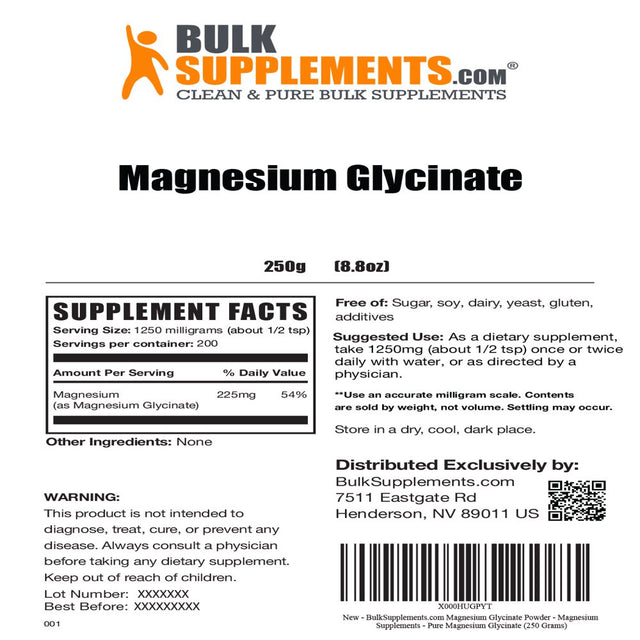 Bulksupplements.Com Magnesium Glycinate Powder, 2200Mg - Magnesium Supplement (250G - 113 Servings)