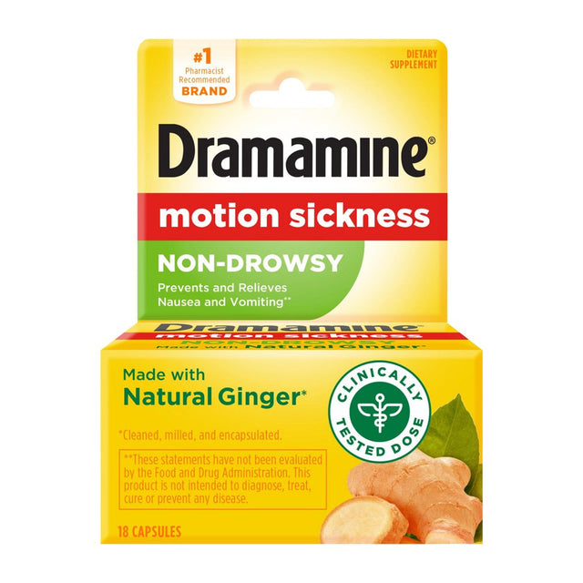 Dramamine Non-Drowsy, Motion Sickness Relief, Made with Natural Ginger, 18 Count