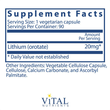 Lithium , 20 Mg , 90 Vegan Capsules, Vital Nutrients