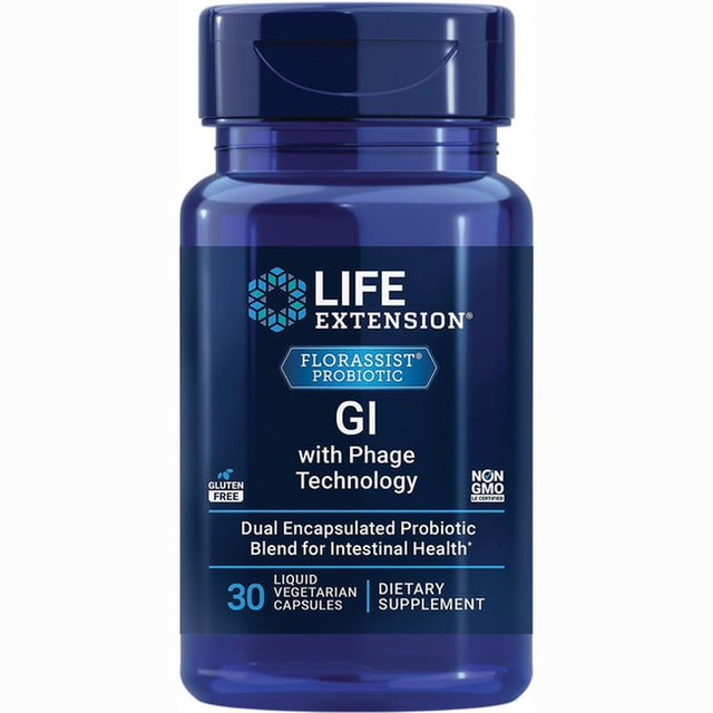 Life Extension FLORASSIST GI with Phage Technology, Digestive Health, Probiotic Support, Nutrient Absorption, 7 Probiotic Strains, Bacteriophage Blend, 30 Liquid Vegetarian Capsules