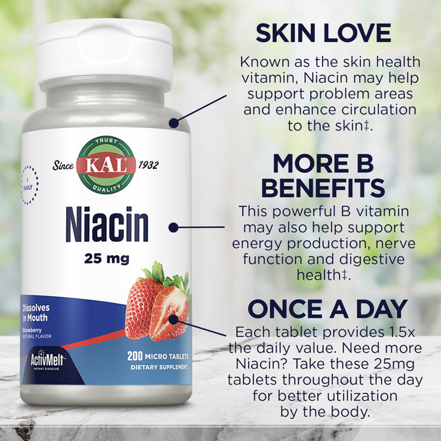 KAL Niacin 25 Mg Activmelt | Strawberry | One Daily | Healthy Metabolism, Skin, Nerve Support & More | 200 Micro Tablets