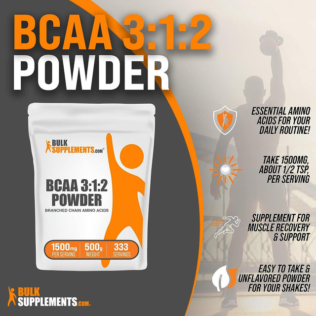 BULKSUPPLEMENTS.COM BCAA 3:1:2 Powder - Branched Chain Amino Acids, BCAA Supplements, BCAA Powder - Bcaas Amino Acids Powder, Unflavored, 1500Mg per Serving - 333 Servings, 500G (1.1 Lbs)