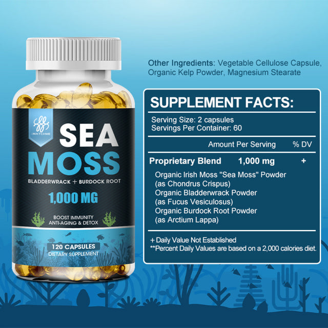 Imatchme Organic Sea Moss Capsules 1000Mg with Bladderwrack, Burdock Root for Immune System, Gut, Skin & Energy,60 Count