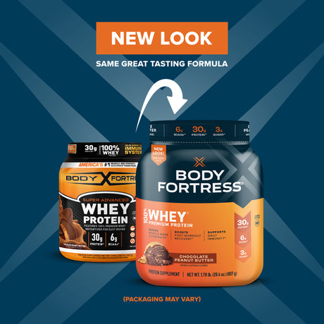 Body Fortress 100% Whey, Premium Protein Powder, Chocolate Peanut Butter, 1.78Lbs (Packaging May Vary)