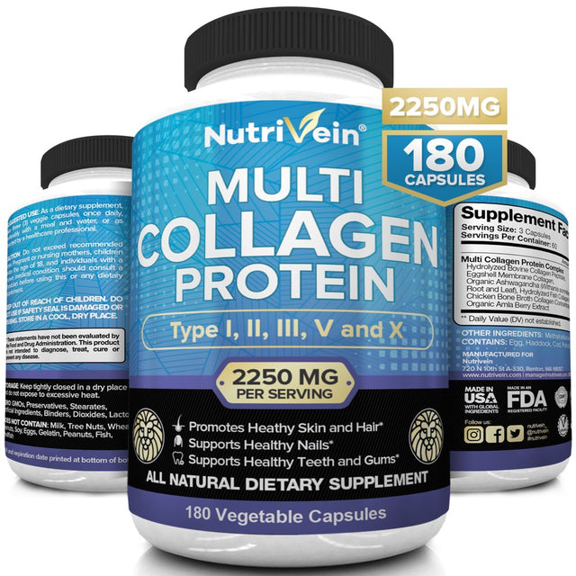 Nutrivein Multi Collagen Pills 2250Mg - 180 Capsules - Healthy Joints, Hair, Skin, Nails