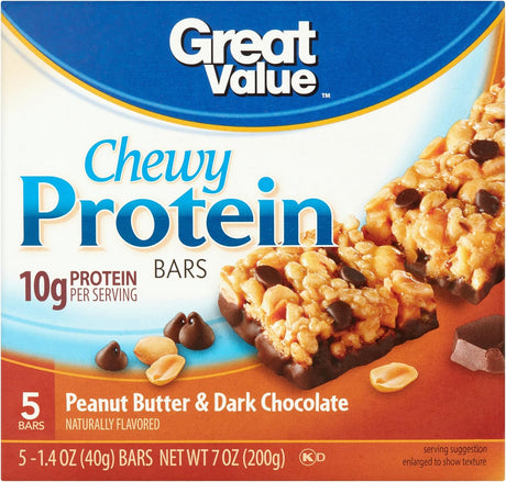 Great Value Peanut Butter & Dark Chocolate Chewy Protein Bars, 1.4 Oz, 5 Count