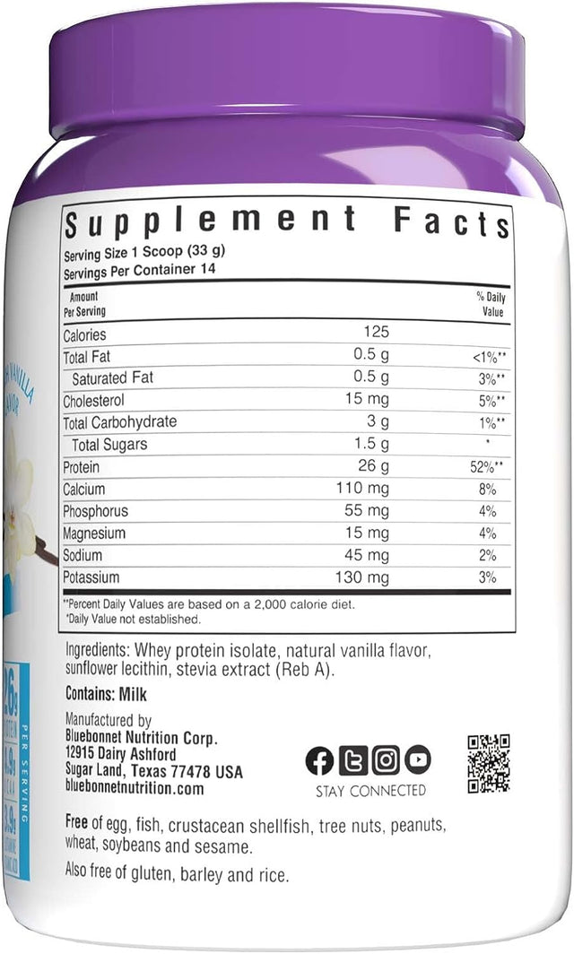 Bluebonnet Nutrition Whey Protein Isolate Powder, 14 Serving, Vanilla, 1 Lb