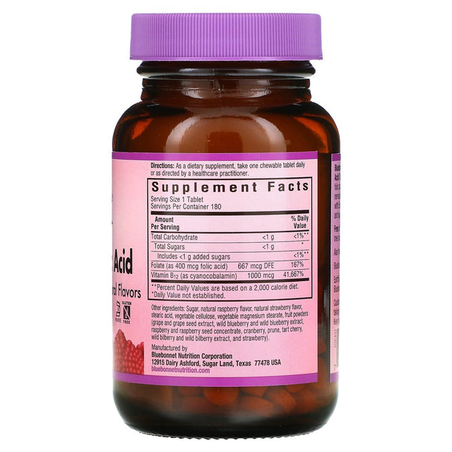 Bluebonnet Nutrition Earthsweet Chewables, Vitamin B-12 & Folic Acid, Raspberry , 180 Chewable Tablets