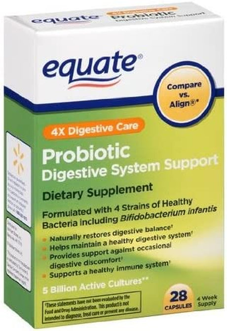 Equate - Probiotic, Digestive System Support, 4X Digestive Care, 28 Capsules (Compare Vs. Align)