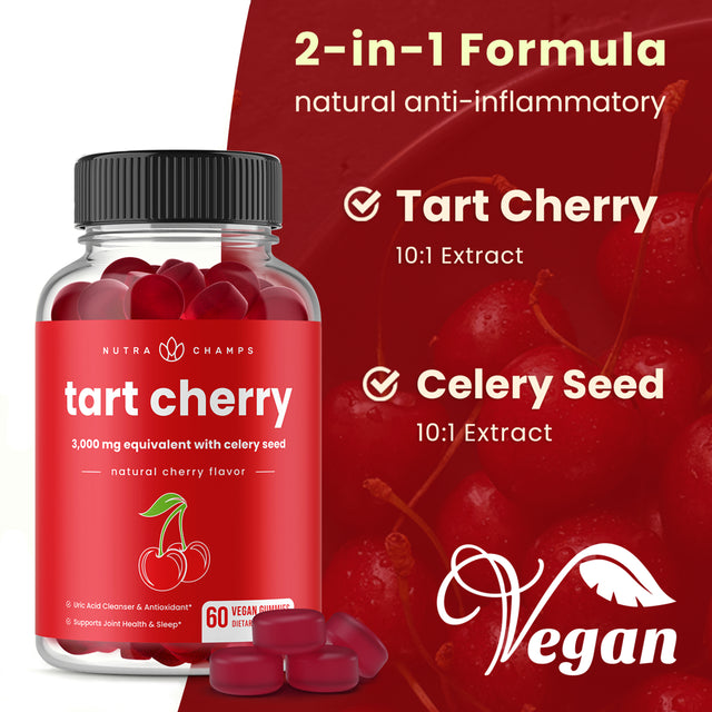 Nutrachamps Tart Cherry Gummies - 3000Mg Supplement with Celery Seed Extract - Vegan Tart Cherry Concentrate Gummy Vitamin - 60 Count