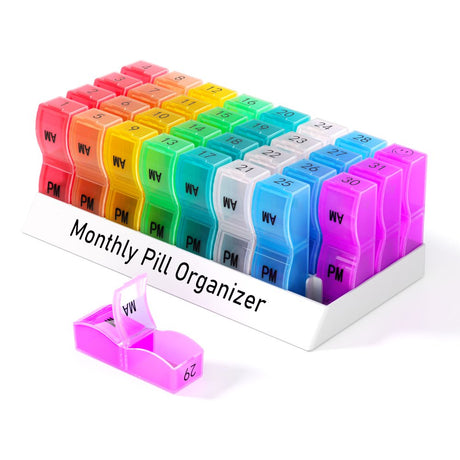 Zoksi Monthly Pill Organizer 2 Times a Day, One Month Pill Box with AM and PM, 30 Day Pill Case with 32 Portable Compartments