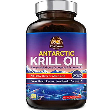 Vitalitown Antarctic Krill Oil 1000Mg, with Phospholipid-Bound Omega-3S EPA & DHA, Rich in Antioxidant Astaxanthin, No Fishy Odor or Aftertaste, Support Brain, Heart, Eye & Joint Health, 60 Softgels