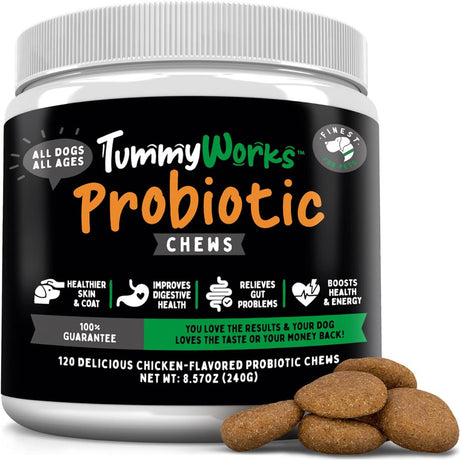 Tummyworks Probiotic Chews for Dogs. Relieves Diarrhea, Upset Stomach, Gas & Bad Breath, Itching, Allergies & Yeast Infections. Supplement with Digestive Enzymes & Prebiotics. Made in USA 120 Count