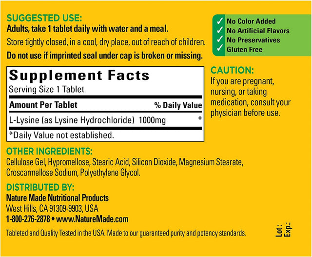 Nature Made L-Lysine 1000 Mg, Dietary Supplement, 60 Tablets, 60 Day Supply