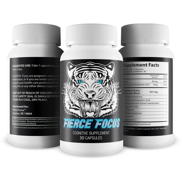 Fierce Focus - Natural Brain Function Support - Memory, Focus & Clarity Formula - Optimal Performance Natural Nootropic and Cognitive Support Supplement - 30 Capsules