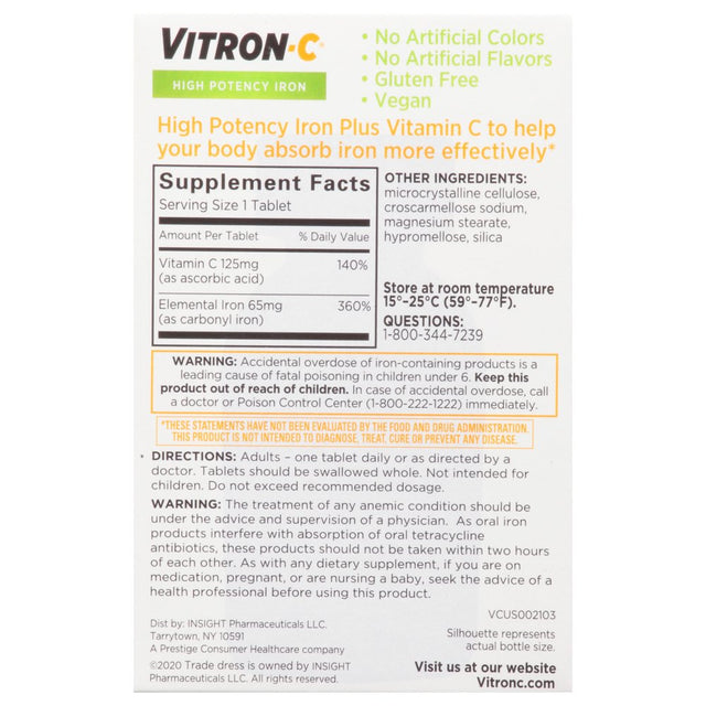 Vitron-C Iron Supplement, Once Daily, High Potency Iron plus Vitamin C, 60 Count