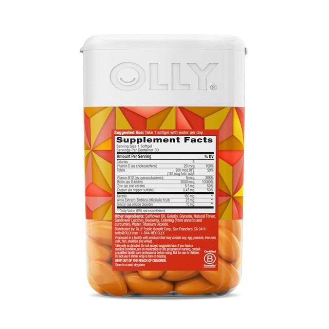 OLLY Hair Ultra Softgels, Supports Healthy Hair Growth, Stronger and Fuller Hair, Biotin, Keratin, Vitamin D, B12, Hair Supplement, 30 Day Supply Ultra Hair Softgels