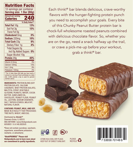 Think! Protein Bars, High Protein Snacks, Gluten Free, Kosher Friendly, Chunky Peanut Butter, Nutrition Bars, 2.1 Oz per Bar, 10 Count (Packaging May Vary)