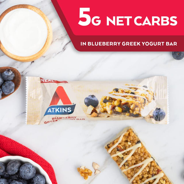 Atkins Blueberry Greek Yogurt Protein Meal Bar, High Fiber, 15G Protein, 3G Sugar, 5G Net Carbs, Meal Replacement, Keto Friendly, 5 Count