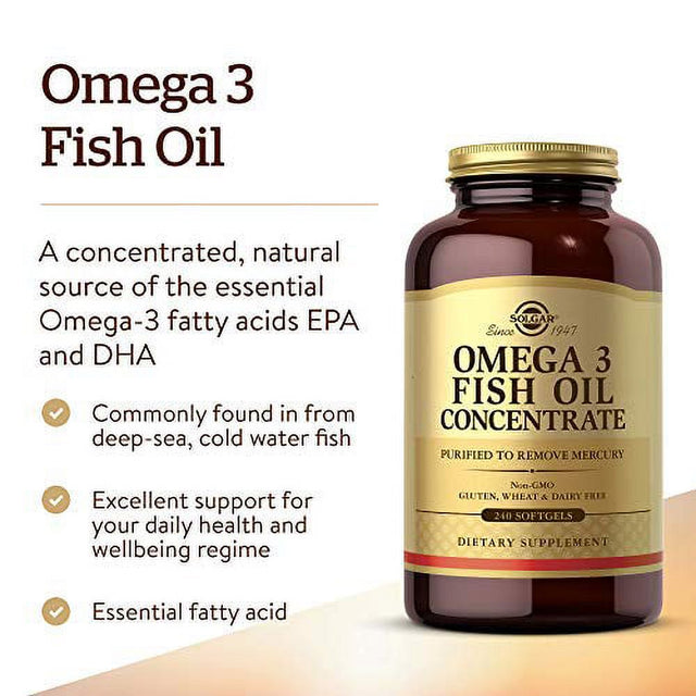 Solgar Omega-3 Fish Oil Concentrate, 240 Softgels - Support for Cardiovascular, Joint & Brain Health - Contains EPA & DHA Omega 3 Fatty Acids - Non GMO, Gluten Free, Dairy Free - 120 Servings