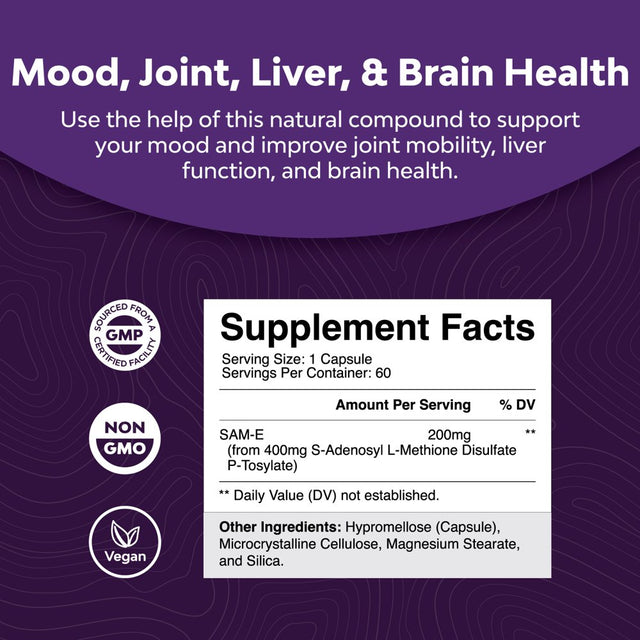 Sam-E 200Mg Mood Support Supplement - S-Adenosyl Methionine Sam-E Supplement for Natural Relaxing Mood Boost Brain Support and Liver Detox Cleanse - Sam E Vitamin Supplement Bain Boost Mood Pills