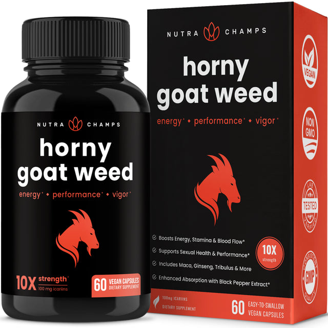 Nutrachamps Horny Goat Weed for Men & Women | 1000Mg Epimedium Energy Supplement | 10X Strength Icariin | Ginseng, Tribulus & Maca Pills for Women & Men | Enhanced Absorption with Black Pepper | 60 Ct