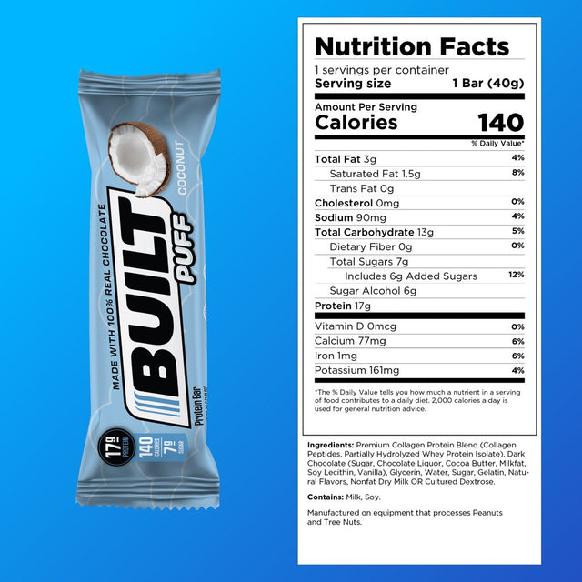 Built Bar Protein Bar, Gluten Free, Collagen, Coconut Marshmallow Puffs, 1.41Oz Bars, 12 Count