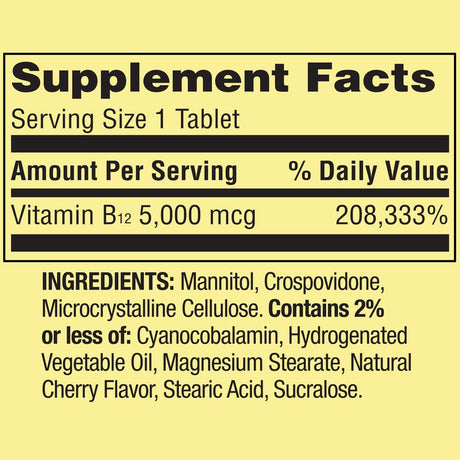 Spring Valley Extra Strength Vitamin B12 Fast Dissolve Tablets, Cherry, 5,000 Mcg, 60 Count