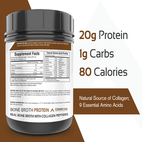 Bone Broth Protein Powder Chocolate - Grass Fed Collagen Peptides - No Sugar, Paleo & Keto Friendly -Dairy Free, Gluten Free - 20G Protein, 20 Servings