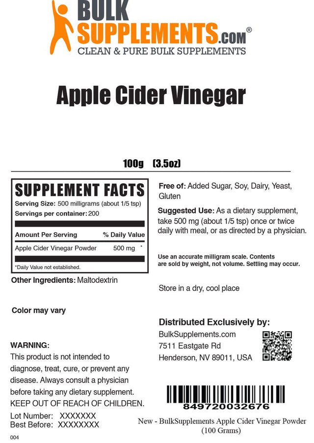 Bulksupplements.Com Apple Cider Vinegar Powder, 500Mg - Digestive Support - Vegan Powder (100G - 200 Servings)