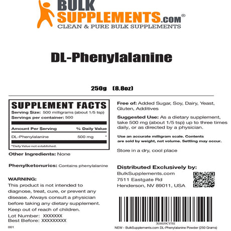 Bulksupplements.Com Dl-Phenylalanine Powder Mood Boosting Supplement - Brain Vitamins Memory for Adults - DLPA Supplements (250 Grams - 8.8 Oz)